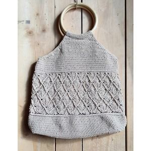 Faded Glory Cream Crochet Hobo Bag w/ Round Wooden Handles